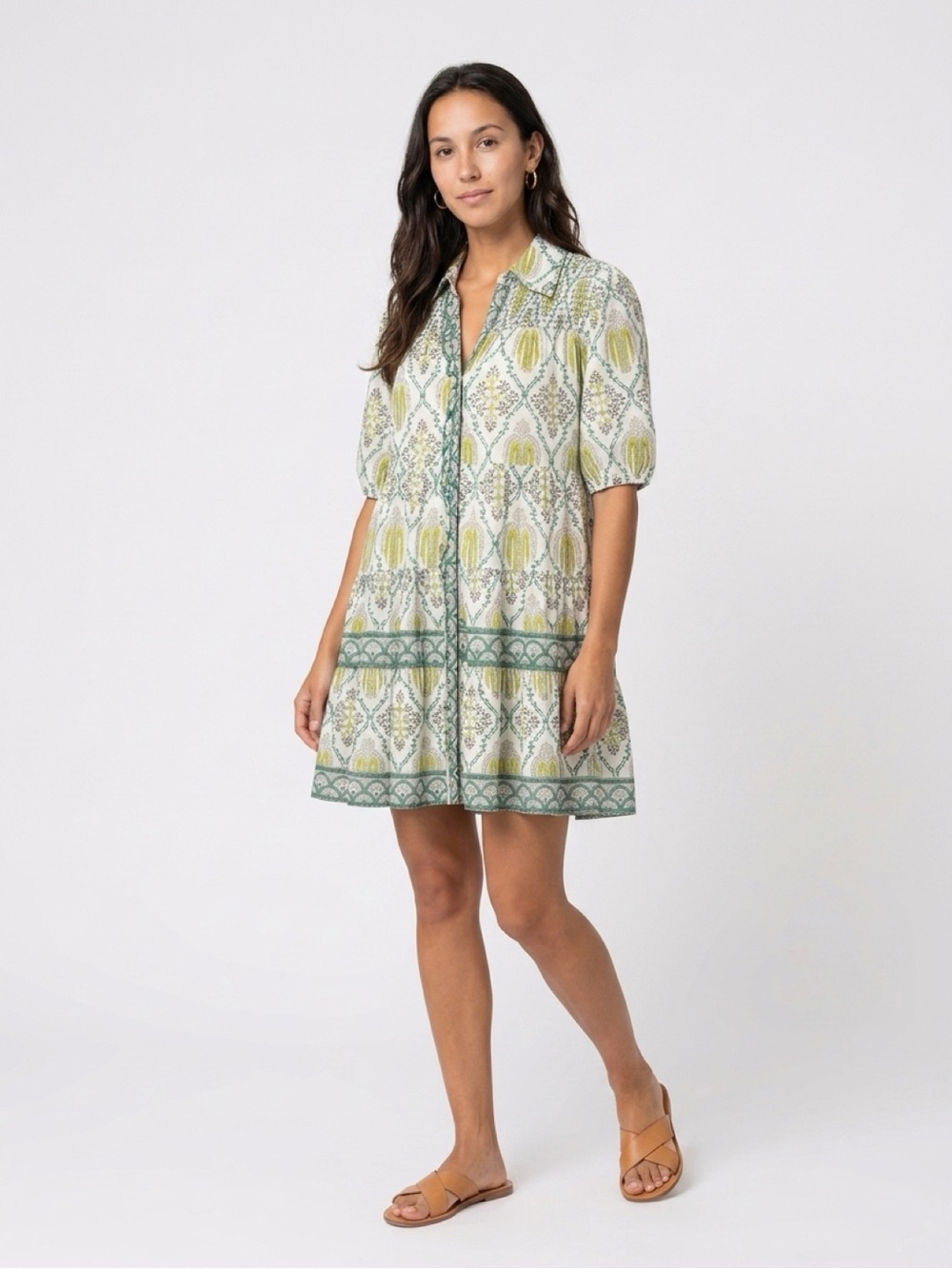 Smocked Mini Dress in White with Teal & Lime Print